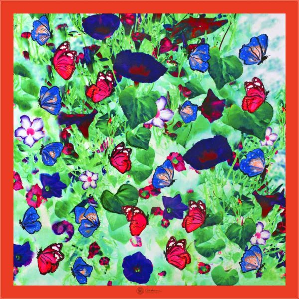 Cornelia Hagmann Contemporary Artist La Galleria Silk Scarf Butterfly Red, Seidenschal, sciarpa di seta, foulard soie,