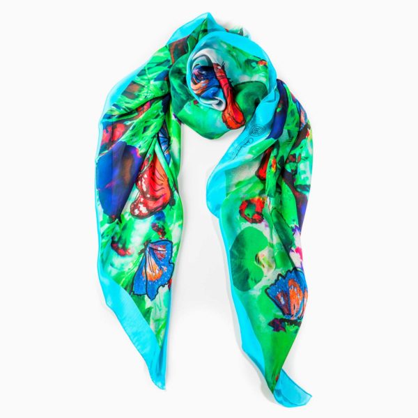 Cornelia Hagmann Contemporary Artist La Galleria Silk Scarf Butterfly Turquoise, Seidenschal, sciarpa di seta, foulard soie,