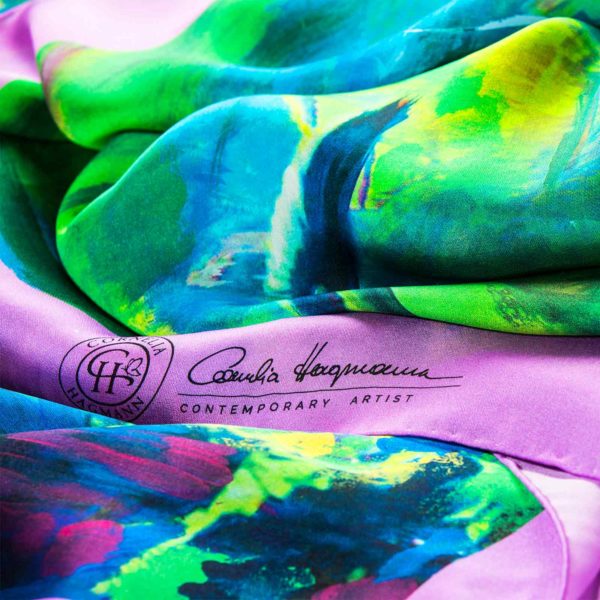 Cornelia Hagmann Contemporary Artist La Galleria Silk Scarf Green Pond Rosee, Seidenschal, sciarpa di seta, foulard soie,