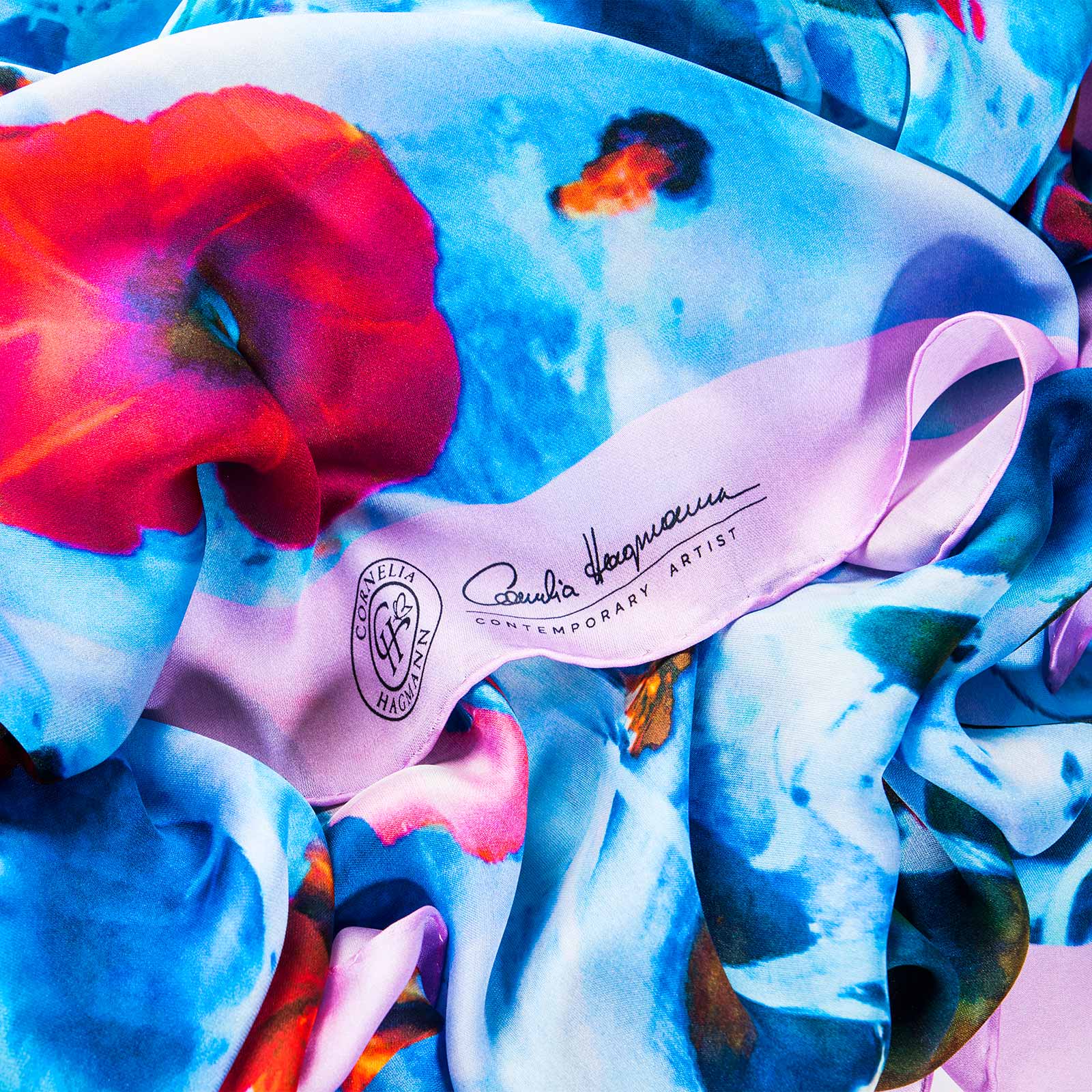 Cornelia Hagmann Contemporary Artist La Galleria Silk Scarf Miracle Flowers Pink, Seidenschal, sciarpa di seta, foulard soie,