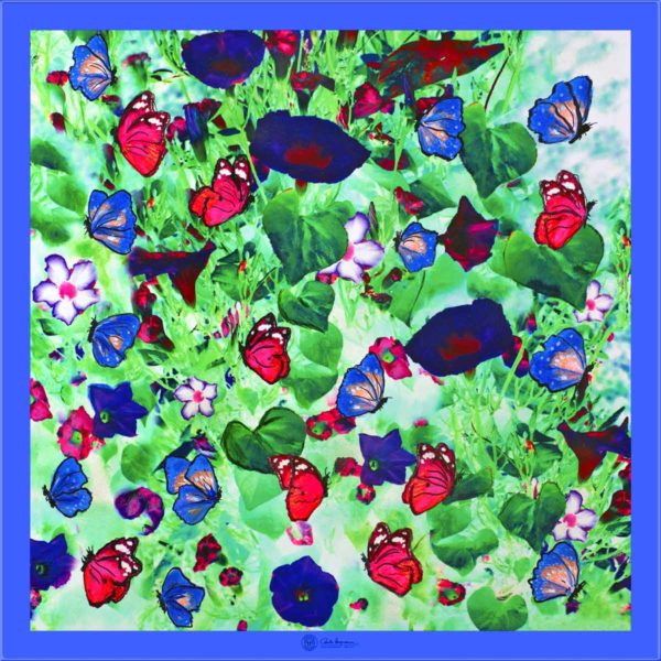 Cornelia Hagmann Contemporary Artist La Galleria Silk Scarf Butterfly Blue, Seidenschal, sciarpa di seta, foulard soie,