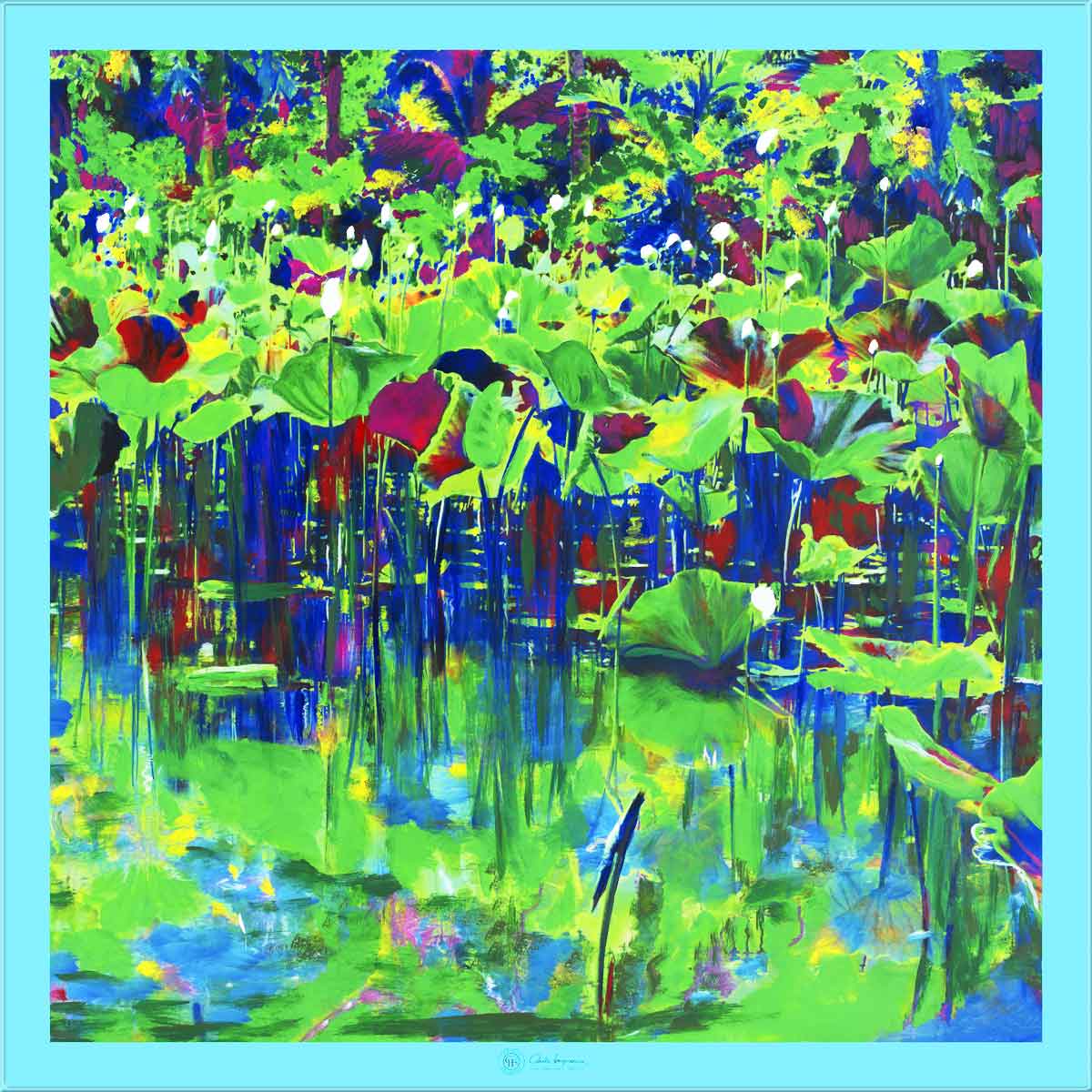 Cornelia Hagmann Contemporary Artist La Galleria Silk Scarf Green Pond Turquoise, Seidenschal, sciarpa di seta, foulard soie,