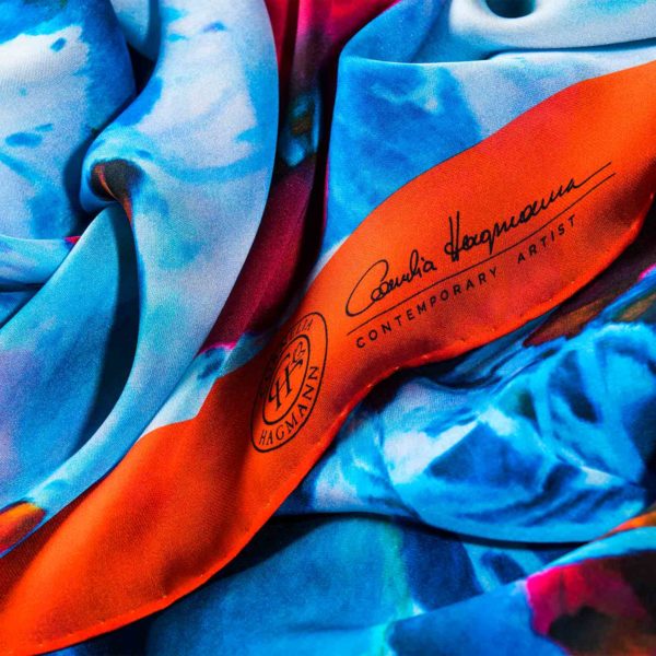 Cornelia Hagmann Contemporary Artist La Galleria Silk Scarf Miracle Flowers Red, Seidenschal, sciarpa di seta, foulard soie,